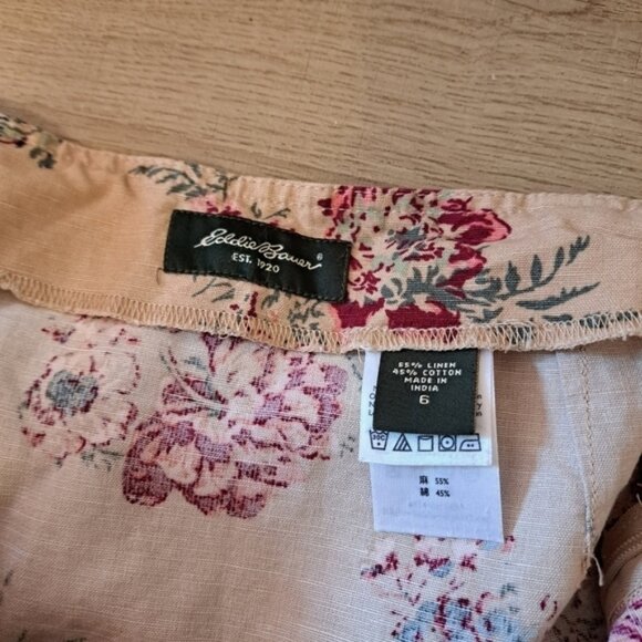 Eddie Baurer Linen Cotton Blend Floral Tan Midi Knee-length Skirt Size 6 - Picture 2 of 3